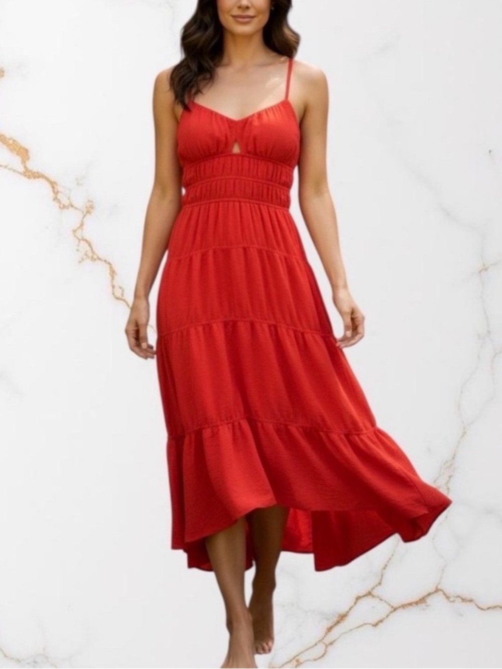 Red Spaghetti-Strap Tiered Maxi Dress - Women